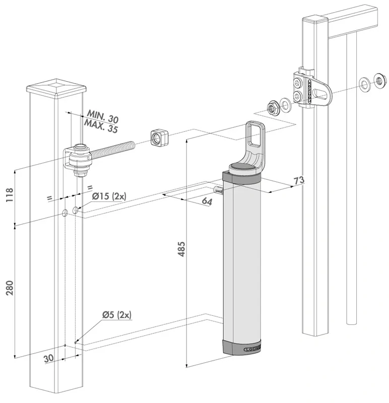 RHINO - LOCINOX®  hydraulický zatvárač otvárateľný 180°, na priamu montáž na pánty so závitom M16 a M20/ Strieborná - Čierna
