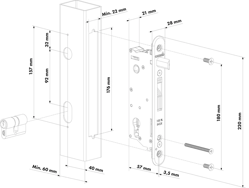 SIXTYLOCK Zadlabávací zámok pre krídlové bránky, rozteč 92 mm, zádlab 57 mm