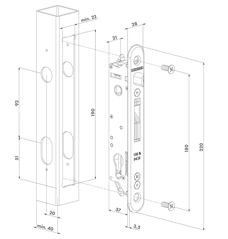 FORTYLOCK Zadlabávací zámok, rozteč 92 mm, zádlab 37 mm