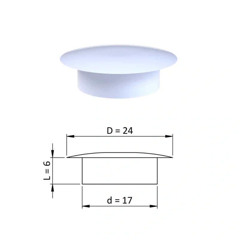 ZDO24x17 - Vnútorná krytka guľatá ø 24 mm, otvor ø 17 mm, biela, plast