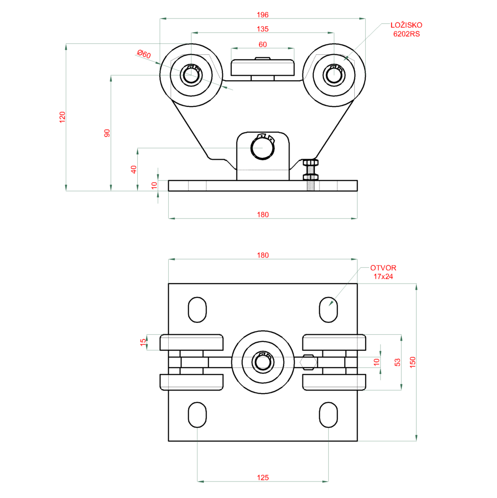 C Set-P-4/Fe-K PICCOLO-Klasik samonosný systém 69x69x4mm posuvnej brány do 200kg/4,5m otvor (C399P-4/ Fe 1x6m čierný profil, C395KIT/ P-K 1ks) intenzívna prevádzka