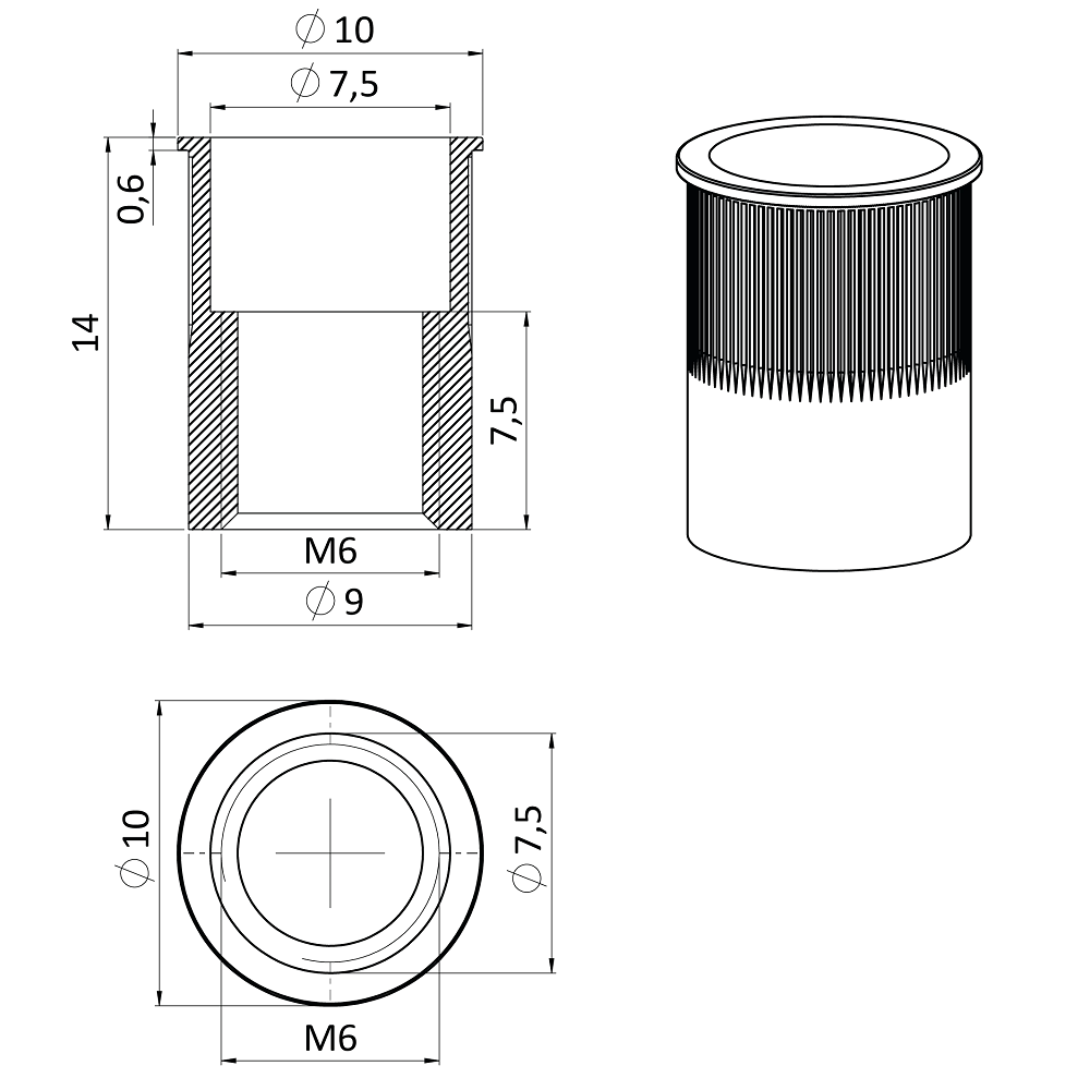 E1-NRM nerezová redukovaná nitovacia matica M5-M10, zapustená hlava, ryhovaný driek, AISI304