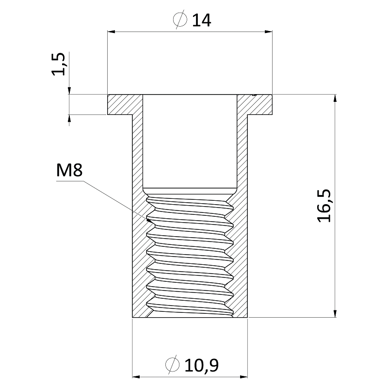 M8 FH-RB/AL hliníková, nitovacia matica, plochá hlava, hladký driek