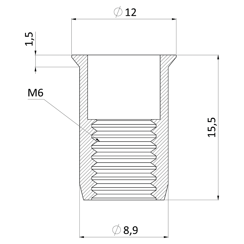 NMO matica nitovacia M10 so zápustnou hlavou, ryhovaný driek, oceľ-biely pozink