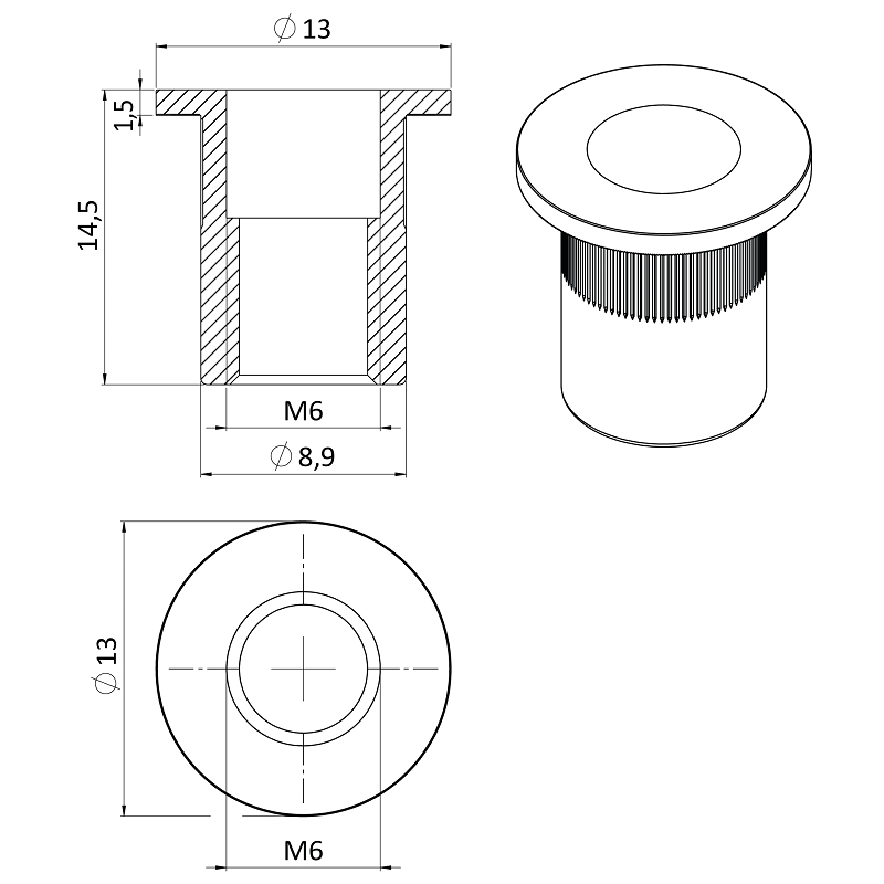 M6  - E1NLM nerezová límcová nitovacia matica M5-M10, ryhovaný driek, AISI304
