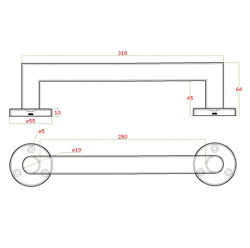 318x64 mm EB1-KMA41 - nerezové madlo ø 19mm, brúsená nerez K320 /AISI304 - rôzne dĺžky
