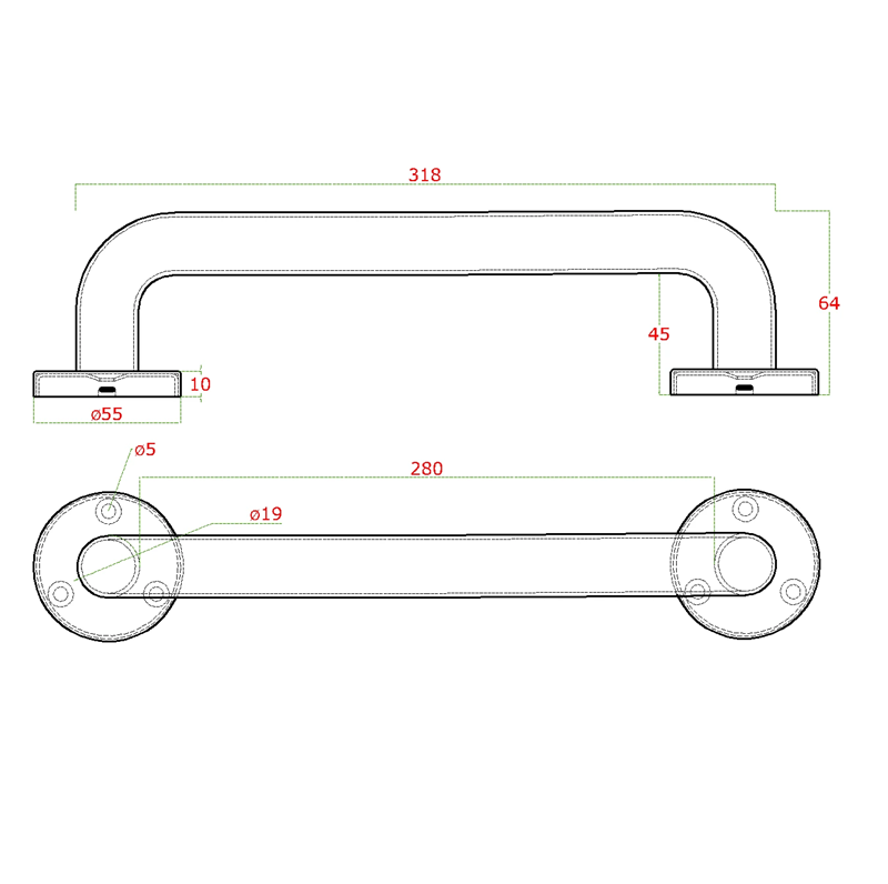 EB1-KMA31 - nerezové madlo (318x64 mm /ø 19mm), brúsená nerez K320 /AISI304 / rôzne dĺžky