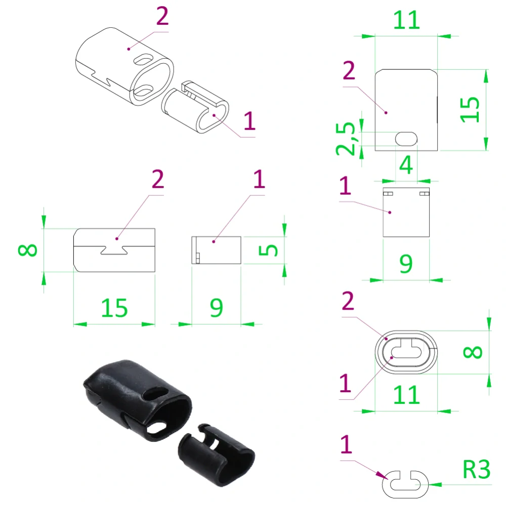 EB2-LPU02-B Lisovacie púzdra pre 2 mm lanká s okom, AISI 316, Čierna