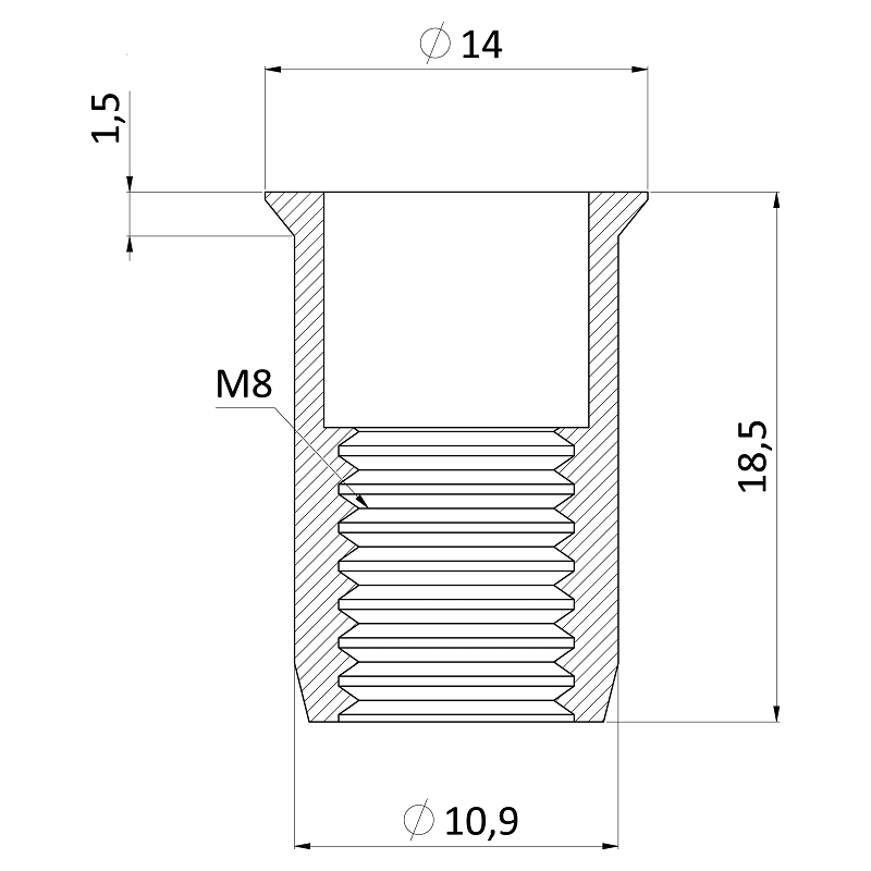 NMO matica nitovacia M10 so zápustnou hlavou, ryhovaný driek, oceľ-biely pozink