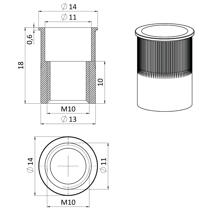 E1-NRM nerezová redukovaná nitovacia matica M5-M10, zapustená hlava, ryhovaný driek, AISI304