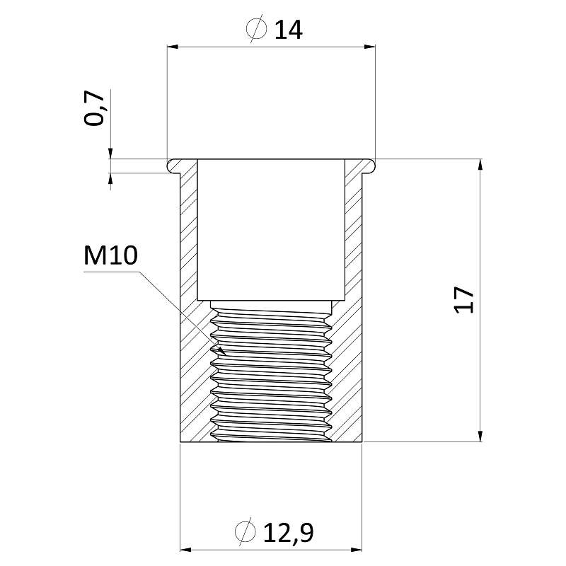 RH-RB/AL matica nitovacia hliník, M10, mikro hlava, hladký driek