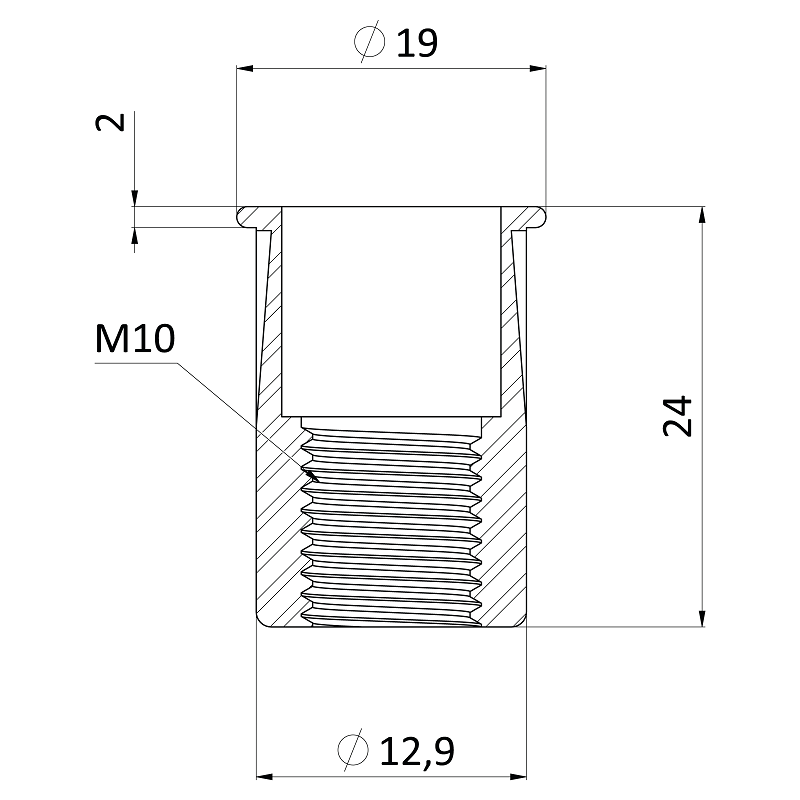 M6  - E1NLM nerezová límcová nitovacia matica M5-M10, ryhovaný driek, AISI304