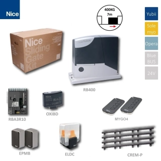 NICE RB400BDKCE, 1x RB400, 1x RBA3R10, 2x MYGO4, 1x OXIBD, 1 pár EPMB, 1x ELDC, 4x CREM-P,  sada pre posuvnú bránu do 400kg/ 7m