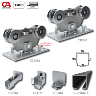 C Set M/Fe MEDIO-Klasik samonosný systém 98x98x5mm posuvnej brány do 450kg/8,5m otvor (C399M/Fe 1x6m čierny profil, C395M KLASIK 2ks, C396M 1ks, C397M 1ks, C398M 1ks), bežná prevádzka