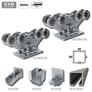 W Set80/Zn-9 - samonosný systém 80x80x5mm posuvnej brány do 400kg/6m otvor (W39/80Zn 6m pozinkovaný profil, 1x W-SET809F)