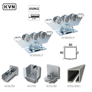 W Set80/Zn-8  samonosný systém 80x80x5mm posuvnej brány do 450kg/5,5m otvor (W39/80Zn 6m pozinkovaný profil, 2x W38MR/ F, 1x W36/80, 1x W37/ M, 1x W32/80)
