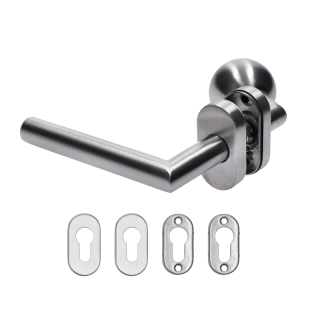 EB1-KGP-L kľučka (ľavá) + guľa (pevná), vyhnutá vrátane dolnej rozety, balenie: 1ks kľučka (ľavá), 1ks guľa, 2ks dolná oválna rozeta,brúsená nerez AISI304