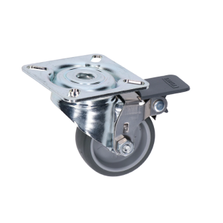 PKOG/50B otočné koliesko s platňou a brzdou, s behúňom zo syntetickej gumy, priemer 50mm