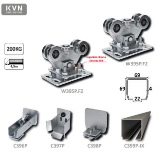 Set-P-Kombi II - PICCOLO-Kombinovaný (Nerez/Pozink) samonosný systém 67x67x3mm pre posuvné brány do 200kg/4,5m otvor (C399P-IX 1x6m nerezový profil, W395P.F2 2ks, C397P 1ks, C396P 1ks, C398P 1ks)
