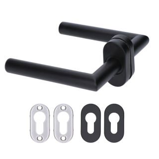 EB1-KLD84N-B - nerezová kľučka (pár) vrátane dolnej rozety, balenie: 2ks kľučka + príslušenstvo k montáži, farba: čierna, brúsená nerez K320 /AISI304