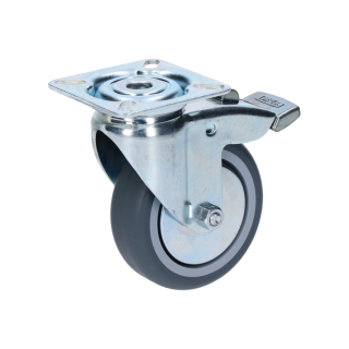 PKOG/75B otočné koliesko s platňou s behúňom zo syntetickej gumy, priemer 75mm s brzdou