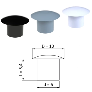 ZDO10x6 Vnútorná krytka guľatá ø 10 mm, otvor ø 6 mm, Biela, Čierna, Šedá, plast
