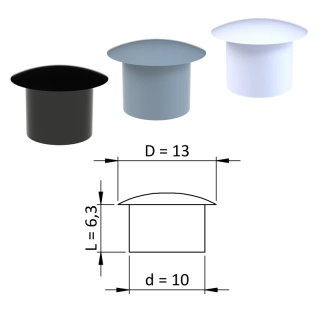 ZDO13x10 - Vnútorná krytka guľatá ø 13 mm, otvor ø 10 mm, plast - Biela, Čierna, Šedá