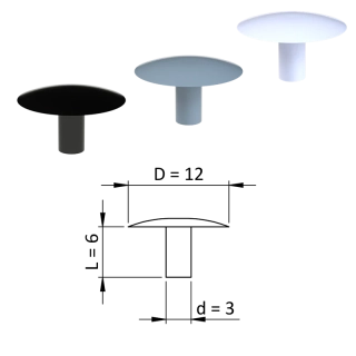 ZDO12x3 - Vnútorná krytka guľatá ø 12 mm, otvor ø 3 mm, plast - Biela, Čierna, Šedá