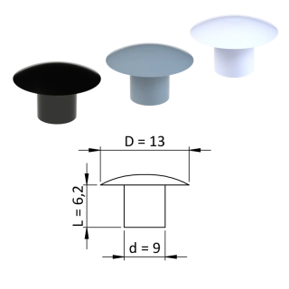 ZDO13x9 - Vnútorná krytka guľatá ø 13 mm, otvor ø 9 mm, plast - Biela, Čierna, Šedá