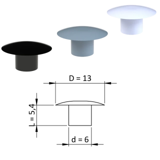 ZDO13x6 - Vnútorná krytka guľatá ø 13 mm, otvor ø 6 mm, plast- Biela, Čierna, Šedá