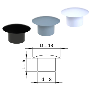 ZDO13x8 - Vnútorná krytka guľatá ø 13 mm, otvor ø 8 mm, plast- Biela, Čierna, Šedá