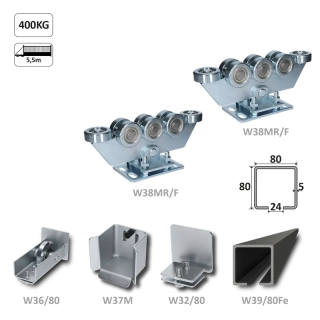 W Set80/Fe-8 samonosný systém 80x80x5mm posuvnej brány do 400kg/5,5m otvor (W39/80Fe 6m čierný profil, 2x W38MR/F, 1x W36/80, 1x W37M, 1x W32/80)