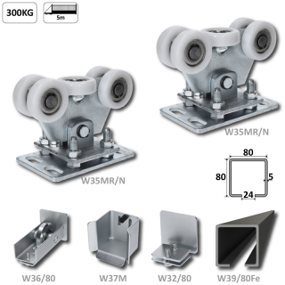 W Set80/Fe-N - samonosný systém 80x80x5mm posuvnej brány do 300kg/5m otvor (W39/80Fe 6m čierny profil, 2x W35MR/N, 1x W36/80, 1x W37M, 1x W32/80)
