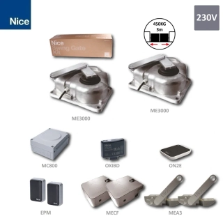 NICE FABKIT3000-Z - 2x ME3000 (230V, 250W, 250Nm), 1x MC800, 1x ON2E, 1x OXIBD, 1 pár EPM, 2x MECF, 2x MEA3, sada pre dvojkrídlovú bránu do 3m / krídlo
