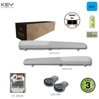 KEY RAY2224, 2x RAY2224 bez LED (24V, 85W, 1500N), 1x CT-20324 so zabudovaným príjmačom, 2x SUB-44R, pre dvojkrídlovú bránu do 3m/ krídlo,