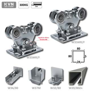 W Set80/Zn-F samonosný systém 80x80x5mm posuvnej brány do 300kg/5m otvor (W39/80Zn 6m pozinkovaný profil, 1x W-SET80/F)